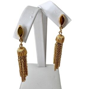 VNTG Trifari Gold Tone Chain Tassel Drop Clip On Earrings Signed MCM Statement